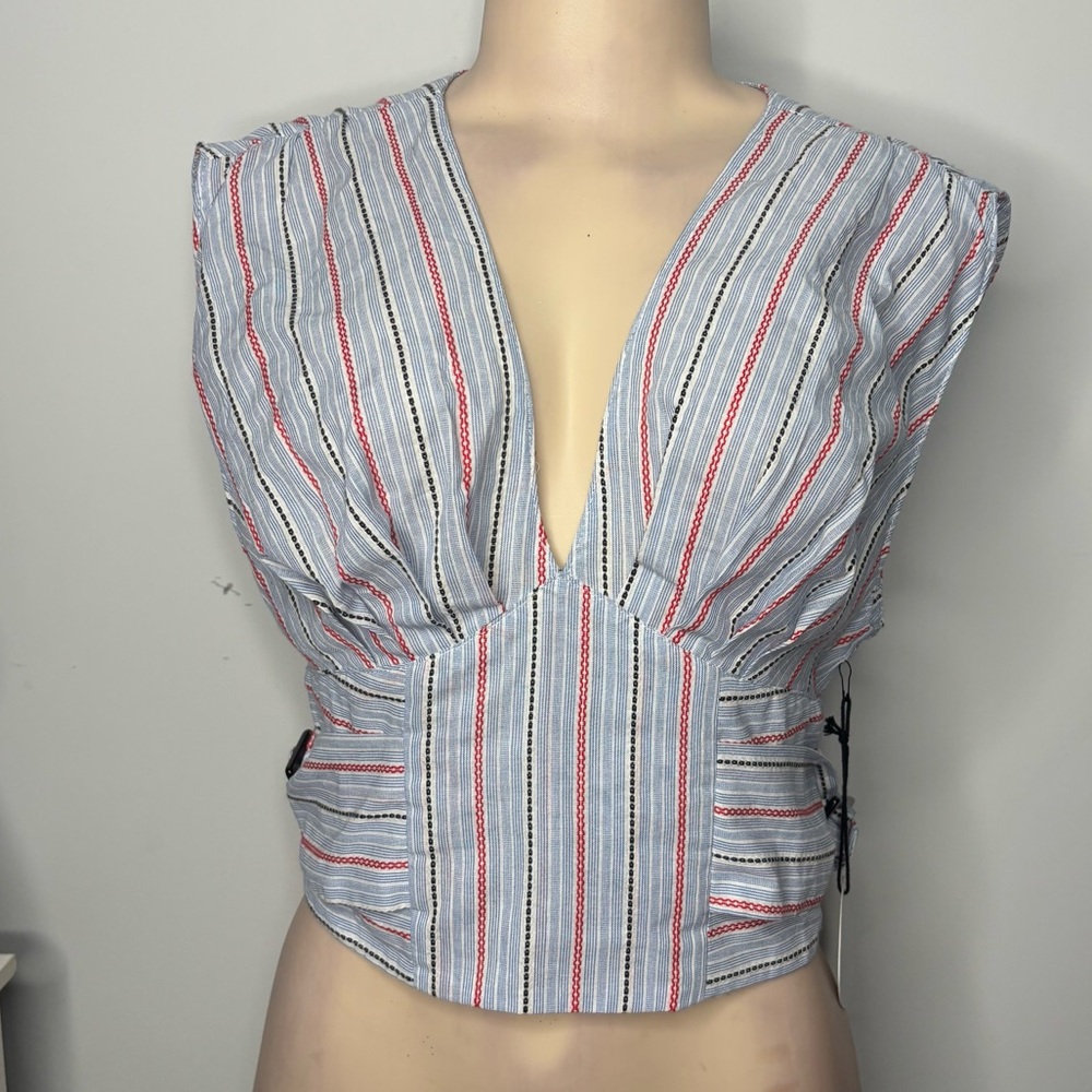 Light Blue Striped Blouse with Cap Sleeves